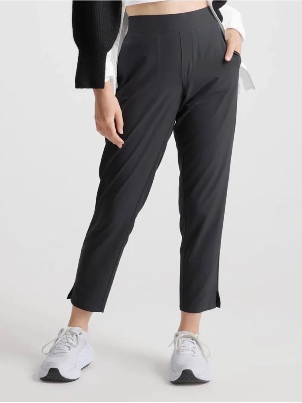 Quince Performance Tech Ankle Pant Black Ribbed Waist Side Slit Size S